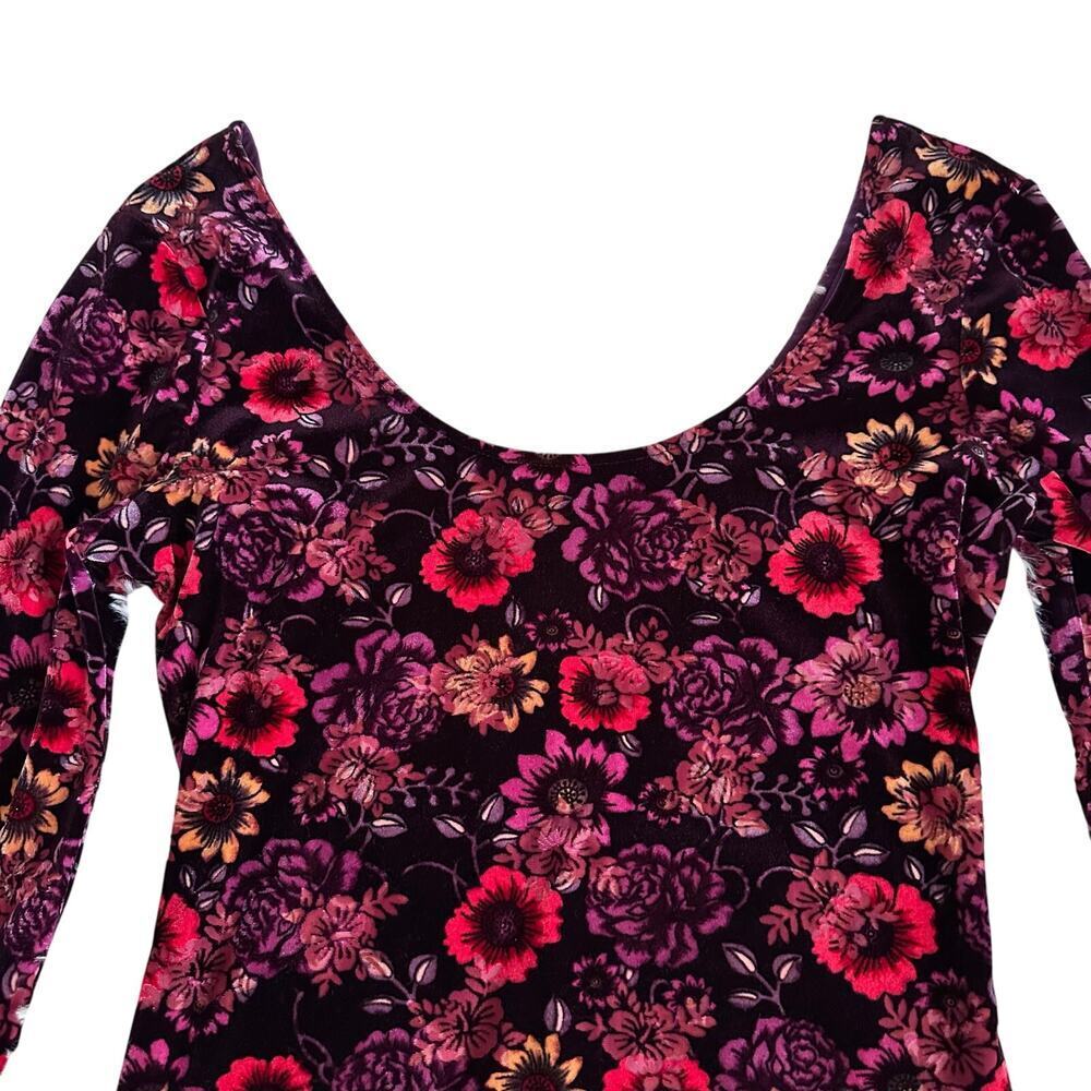 CANDIE'S Floral Velvet Bodycon Mini Dress Long Sleeve Scoop Neck Purple Size S - Picture 7 of 14